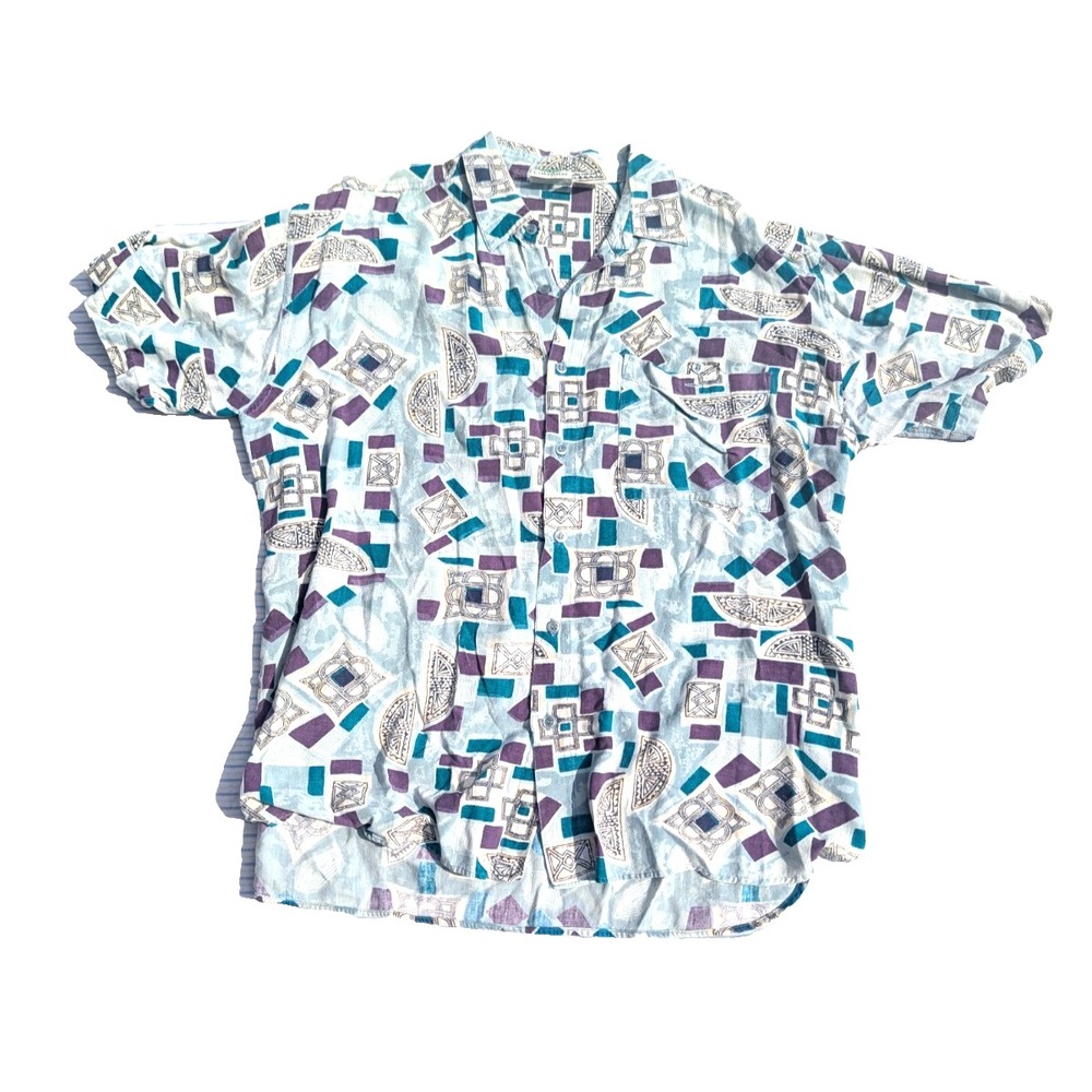 Van Heusen 417 Men's XL Geometric Button Up Short Sleeve Shirt Vintage 90's